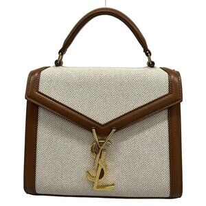 SAINT LAURENT PARIS Cassandra Top Handle Mini 623930 Cream Brown Canvas Leather